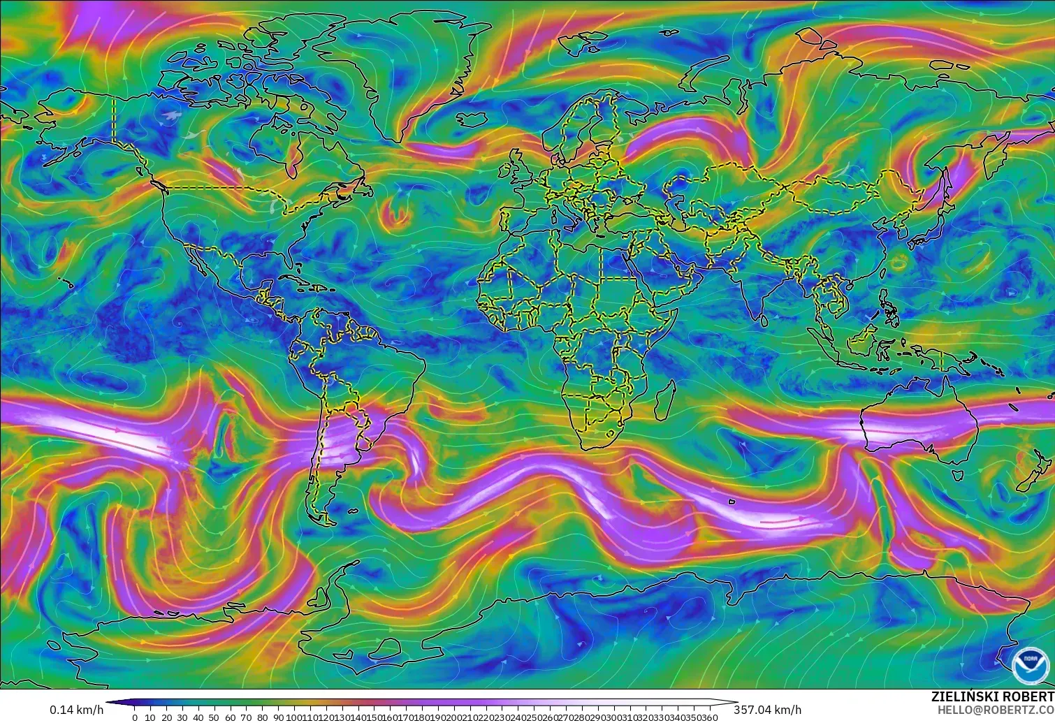 GFS modelo - World, Wind at 300hPa (jet stream)