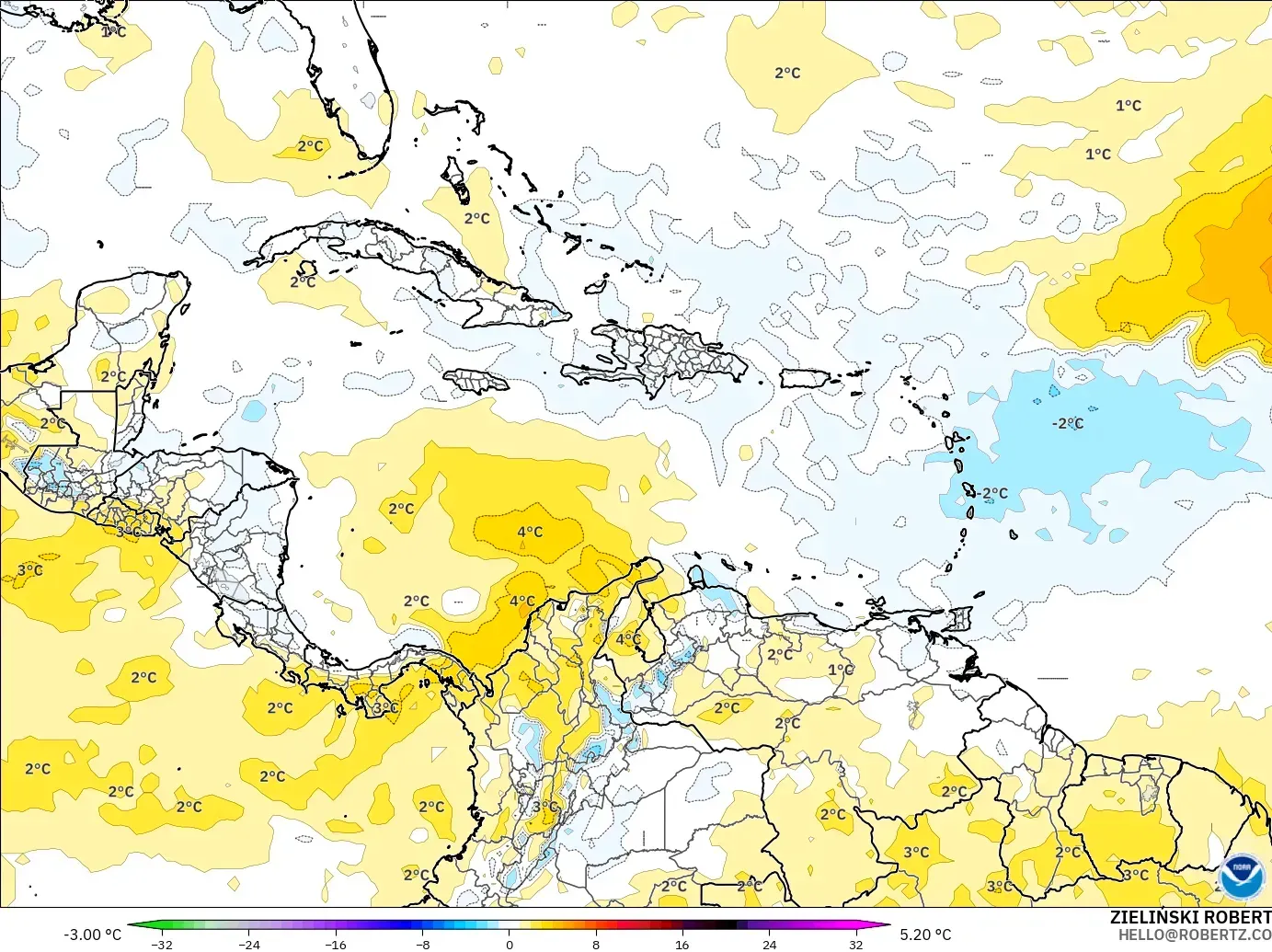 GFS modelo - Caribbean, Temperature at 850hPa Anomaly