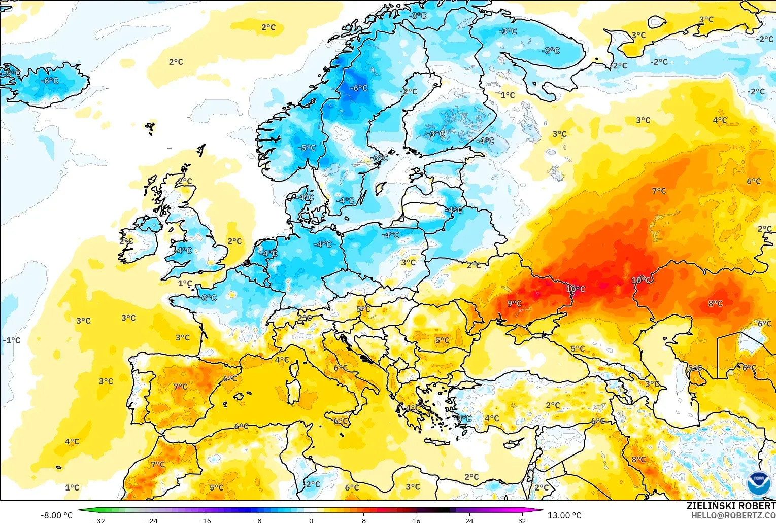 GFS modelo - Europe, Temperature at 2m Anomaly