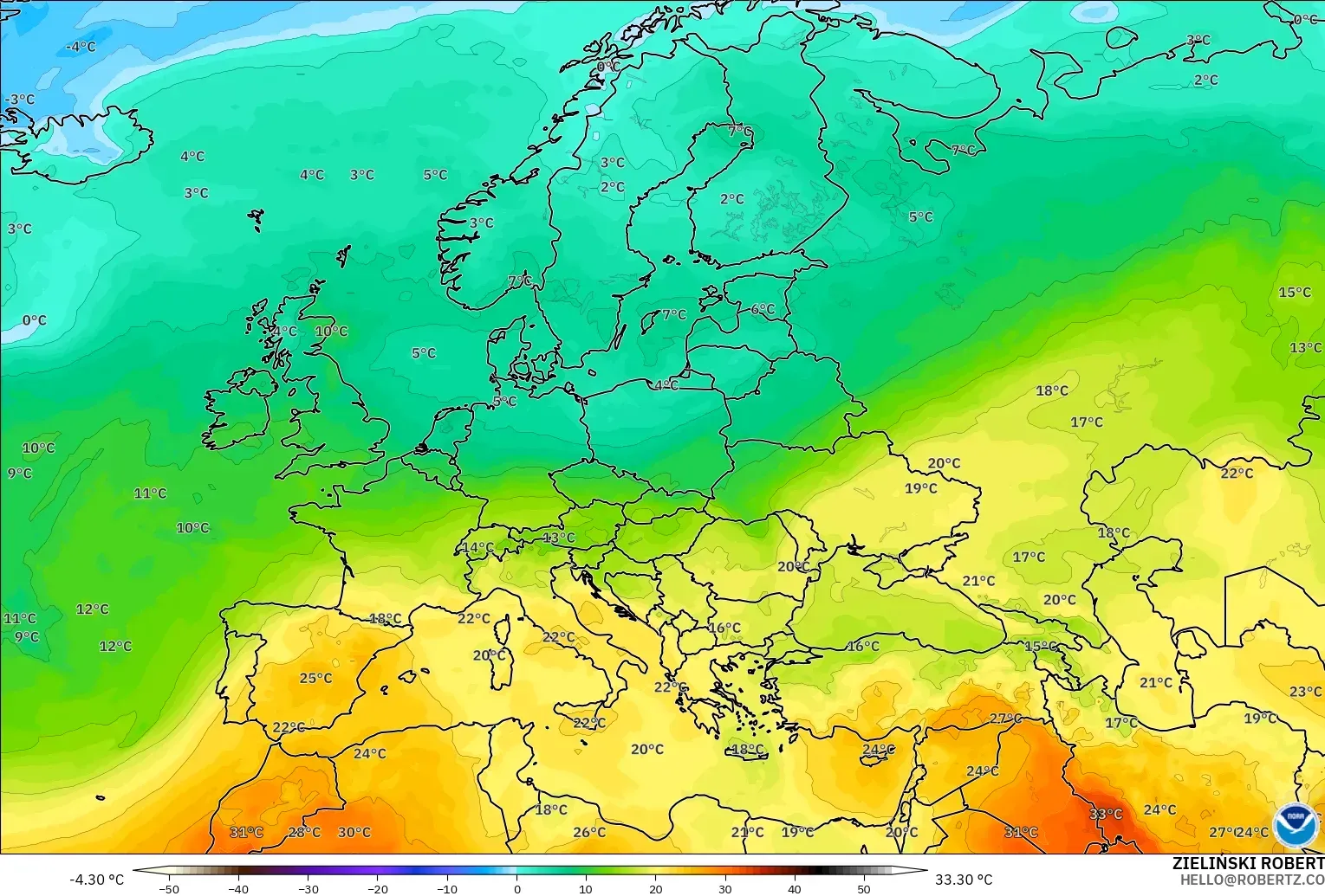 GFS modelo - Europe, Temperature at 850hPa