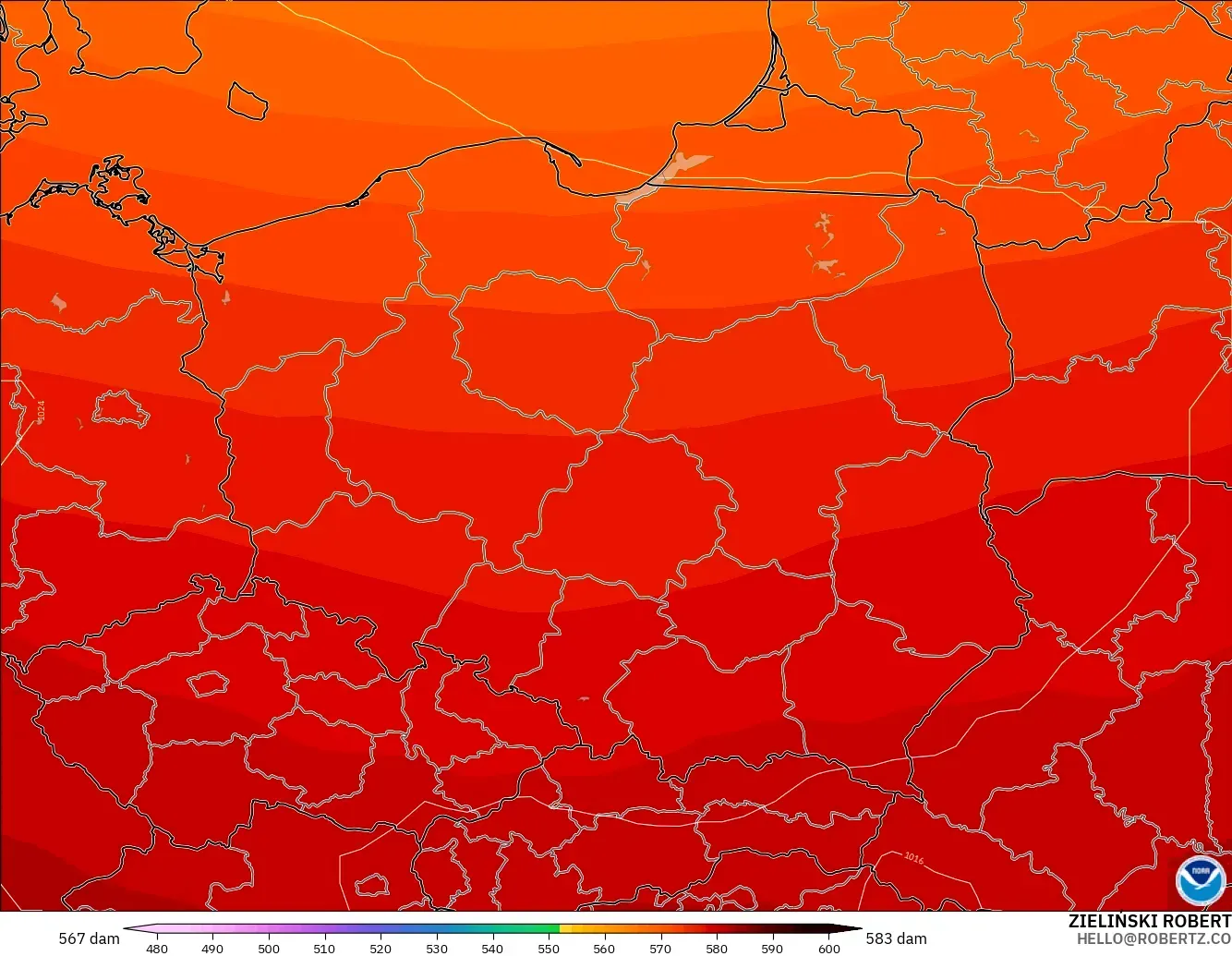 GFS modelo - Poland, Geopotential height at 500hPa