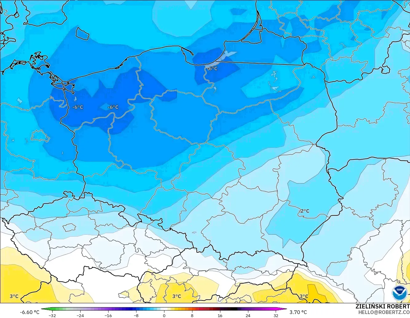 GFS modelo - Poland, Temperature at 850hPa Anomaly