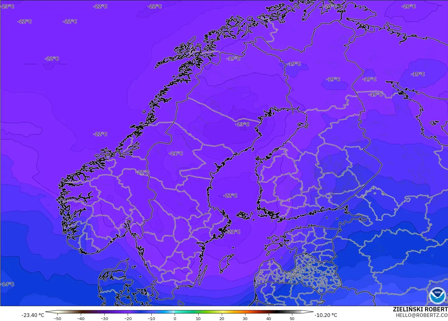 GFS modelo - Scandinavia, Temperature at 500hPa