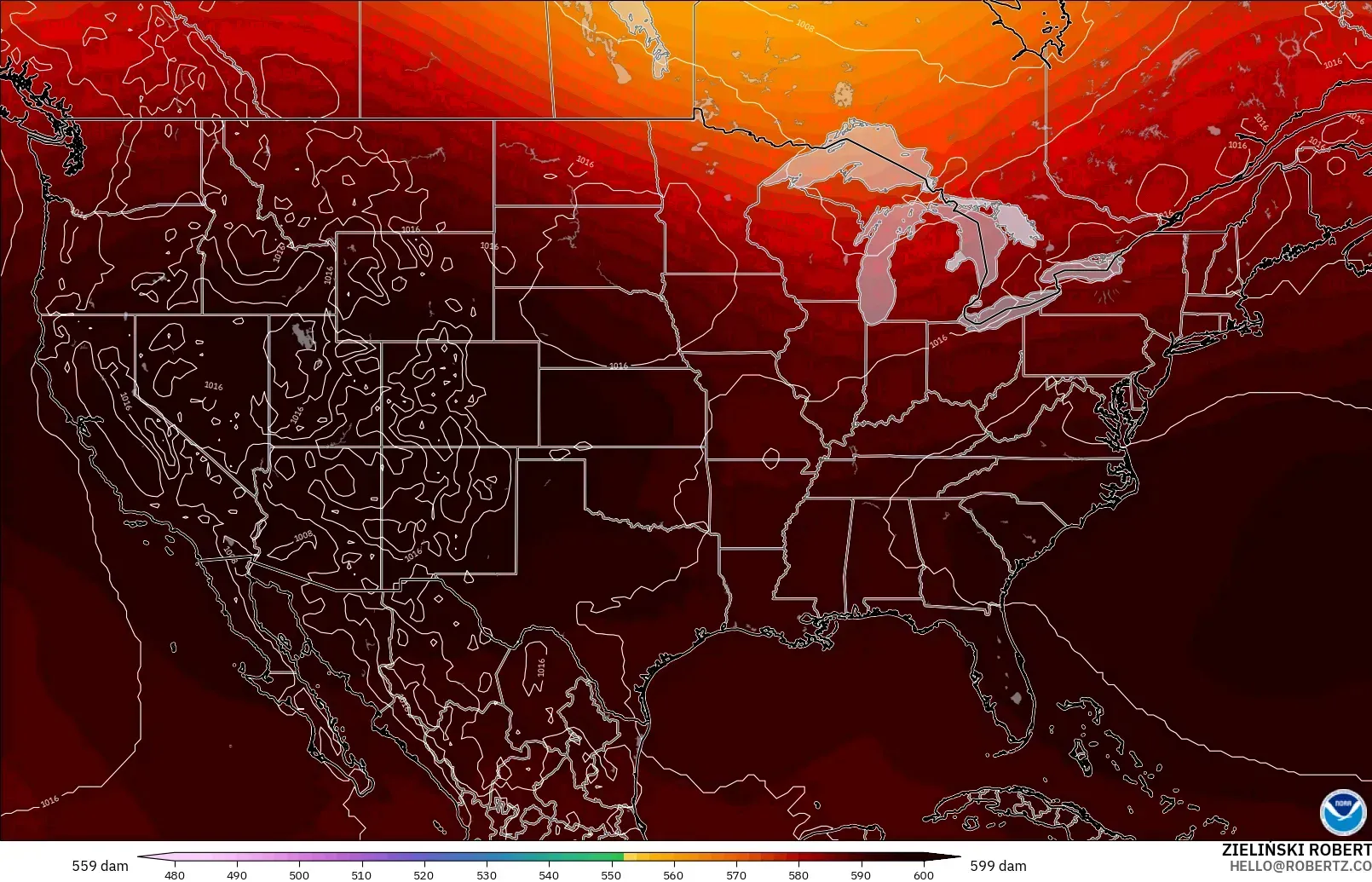 GFS modelo - United States, Geopotential height at 500hPa
