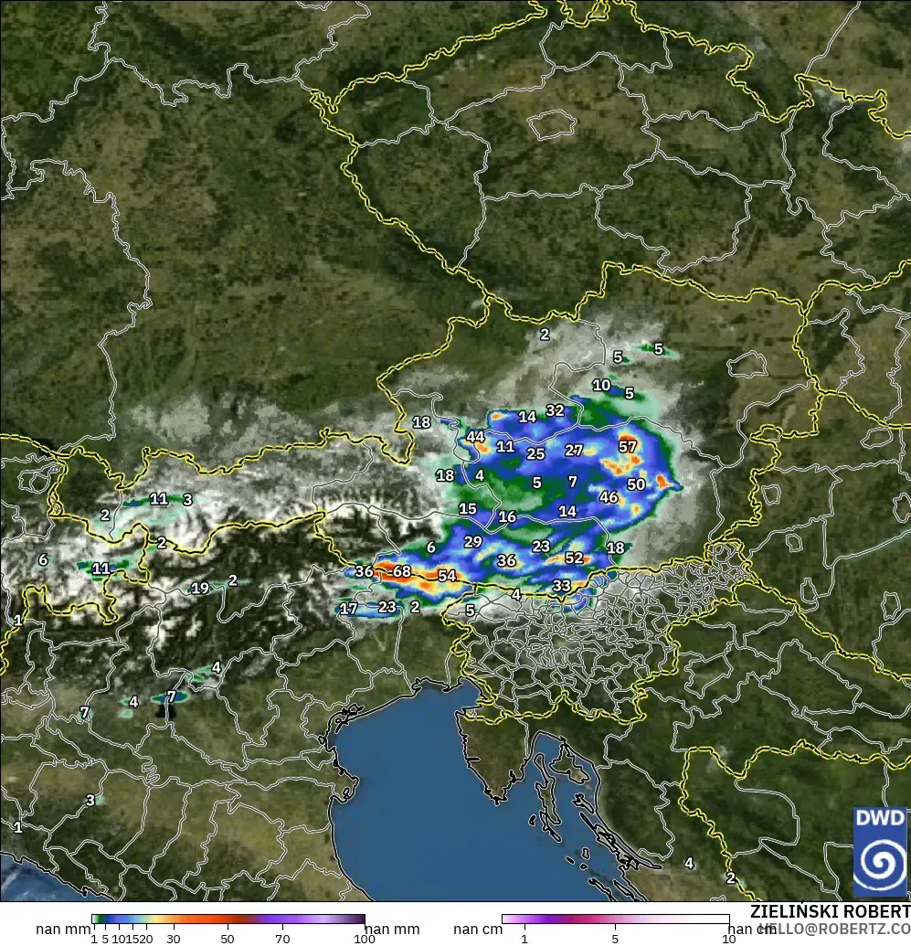 ICON Germany 2 km modelo - Austria, Precipitation, Clouds, and Pressure