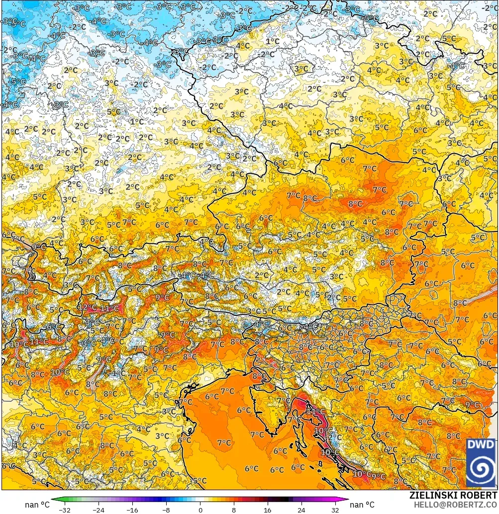 ICON Germany 2 km modelo - Austria, Temperature at 2m Anomaly