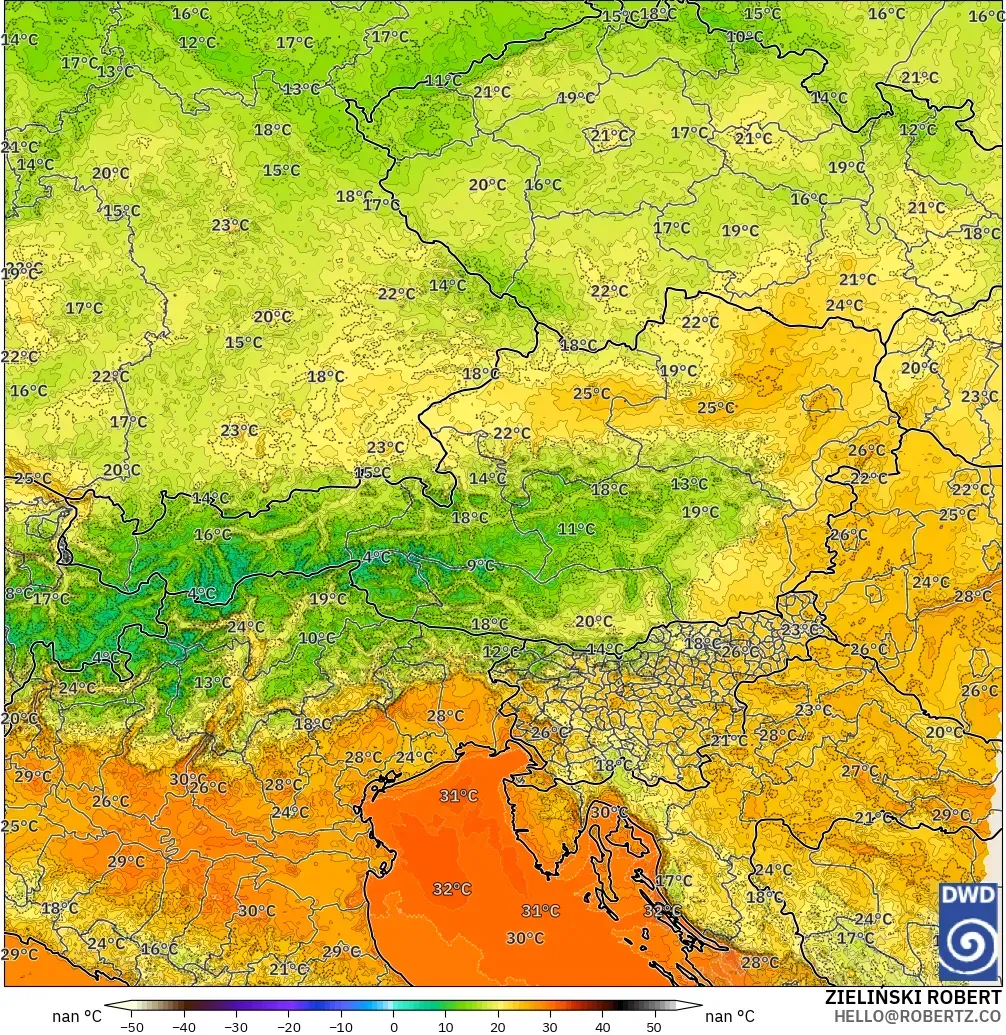 ICON Germany 2 km modelo - Austria, Temperature at 2m