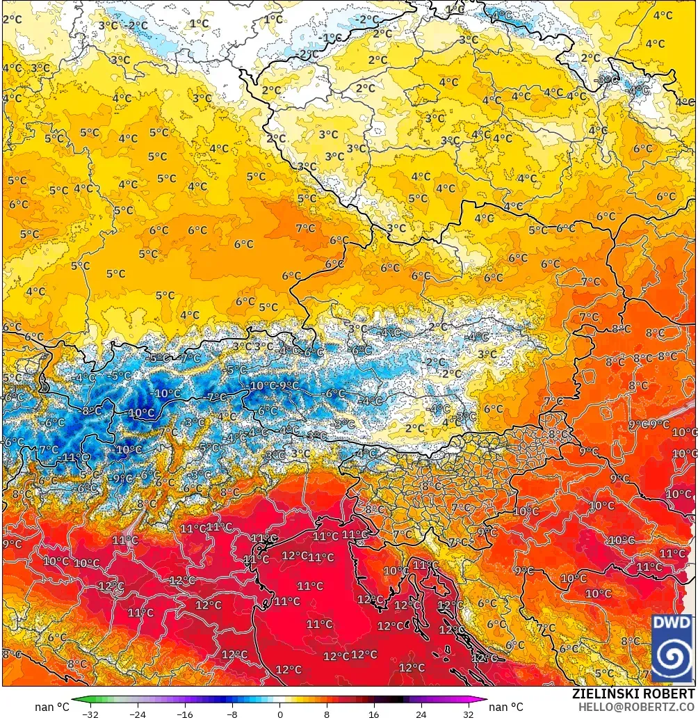 ICON Germany 2 km modelo - Austria, Temperature at 850hPa Anomaly