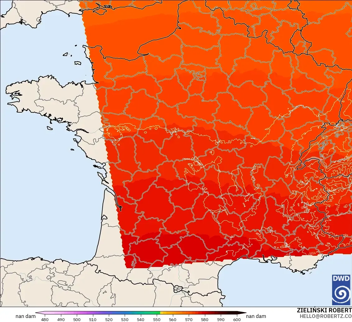 ICON Germany 2 km modelo - France, Geopotential height at 500hPa