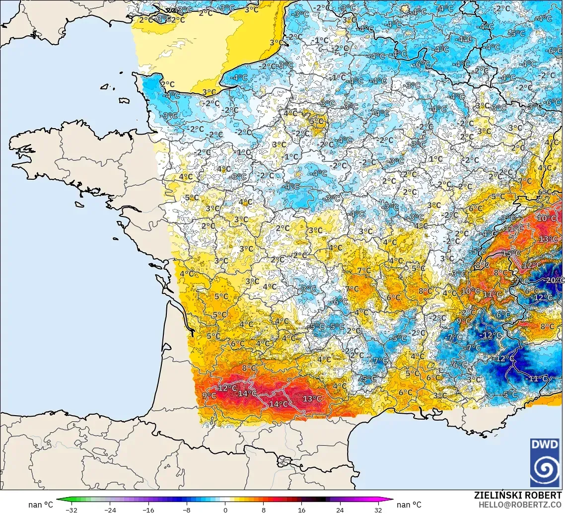 ICON Germany 2 km modelo - France, Temperature at 2m Anomaly