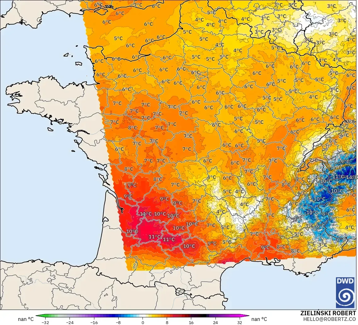 ICON Germany 2 km modelo - France, Temperature at 850hPa Anomaly