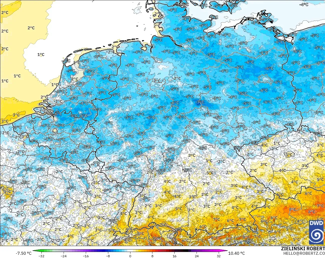 ICON Germany 2 km modelo - Germany, Temperature at 2m Anomaly