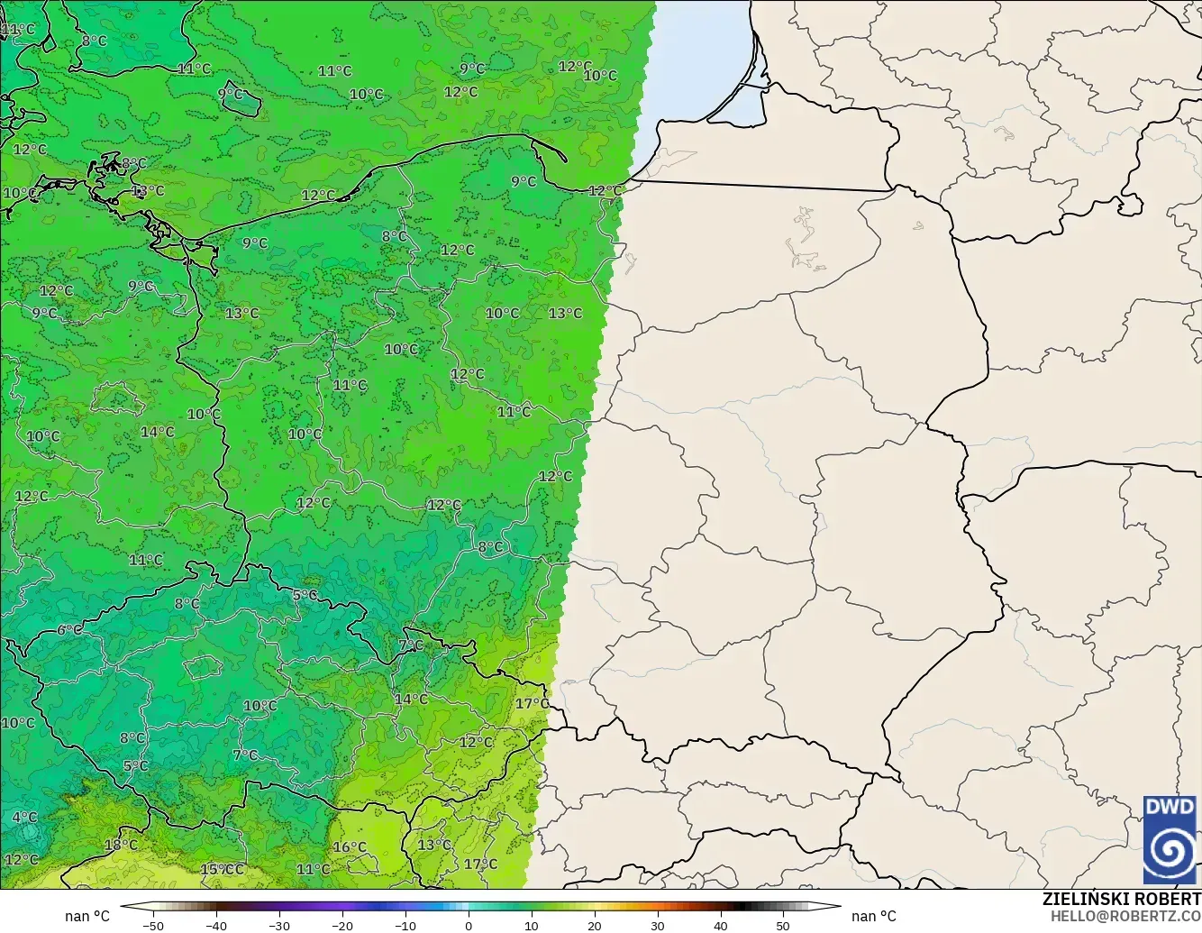 ICON Germany 2 km modelo - Poland, Dewpoint at 2m