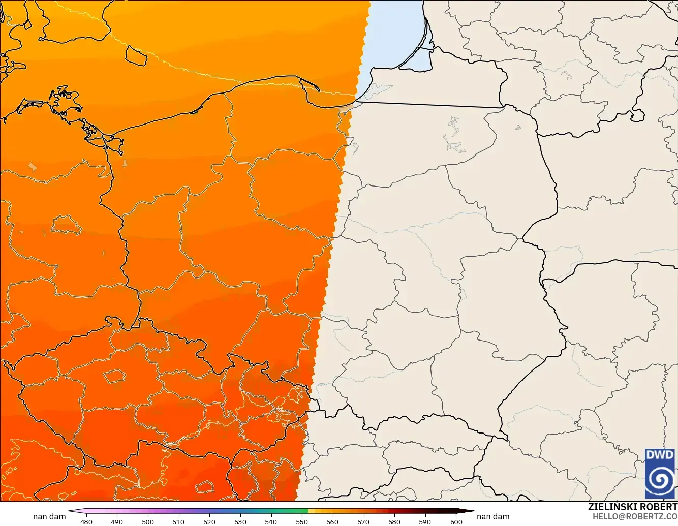 ICON Germany 2 km modelo - Poland, Geopotential height at 500hPa