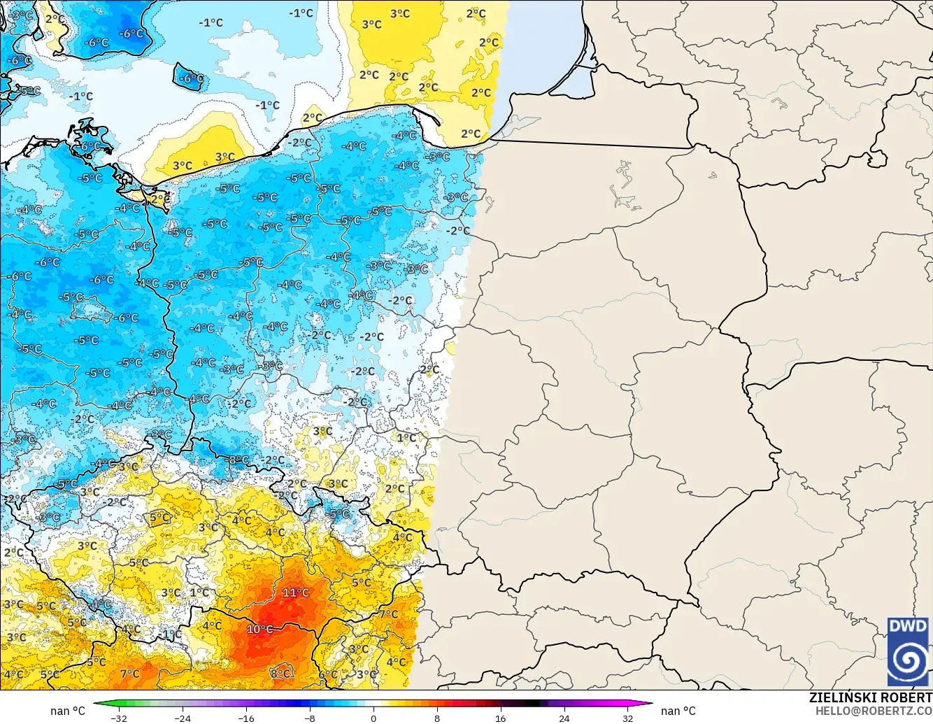 ICON Germany 2 km modelo - Poland, Temperature at 2m Anomaly