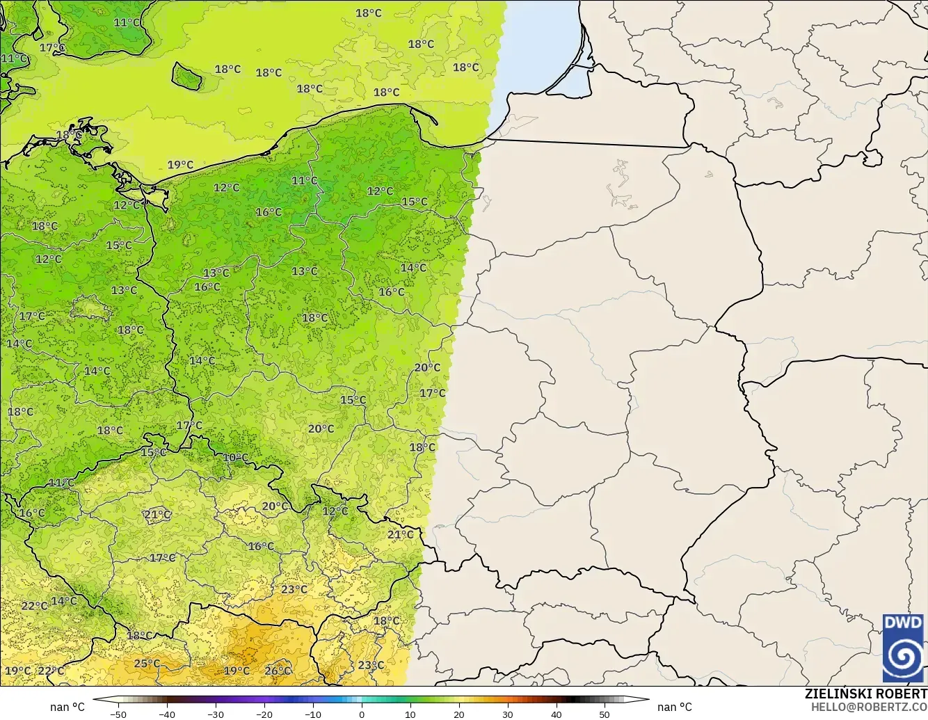 ICON Germany 2 km modelo - Poland, Temperature at 2m