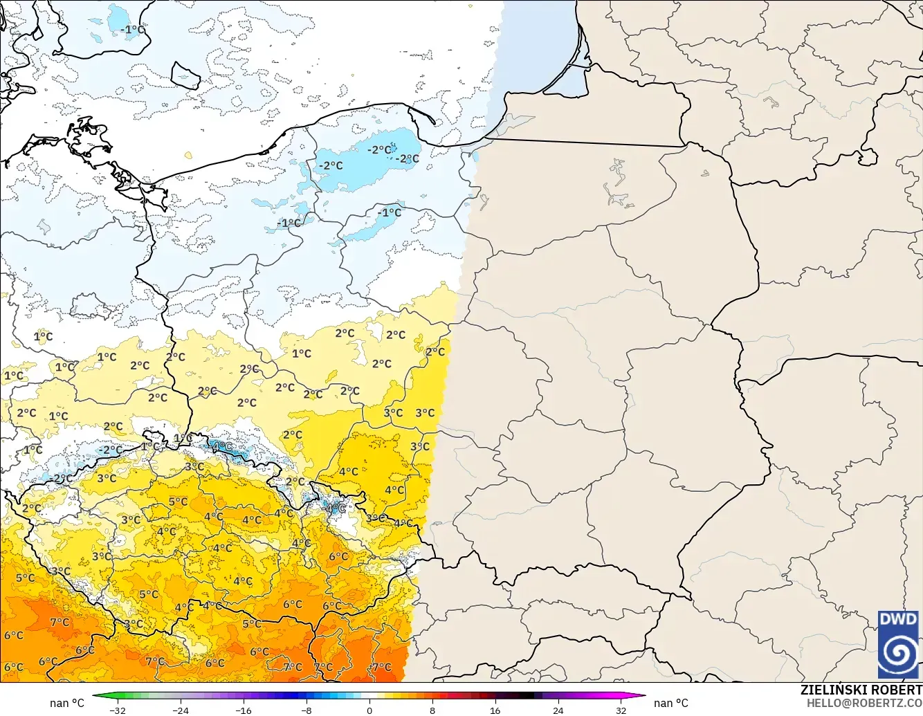 ICON Germany 2 km modelo - Poland, Temperature at 850hPa Anomaly