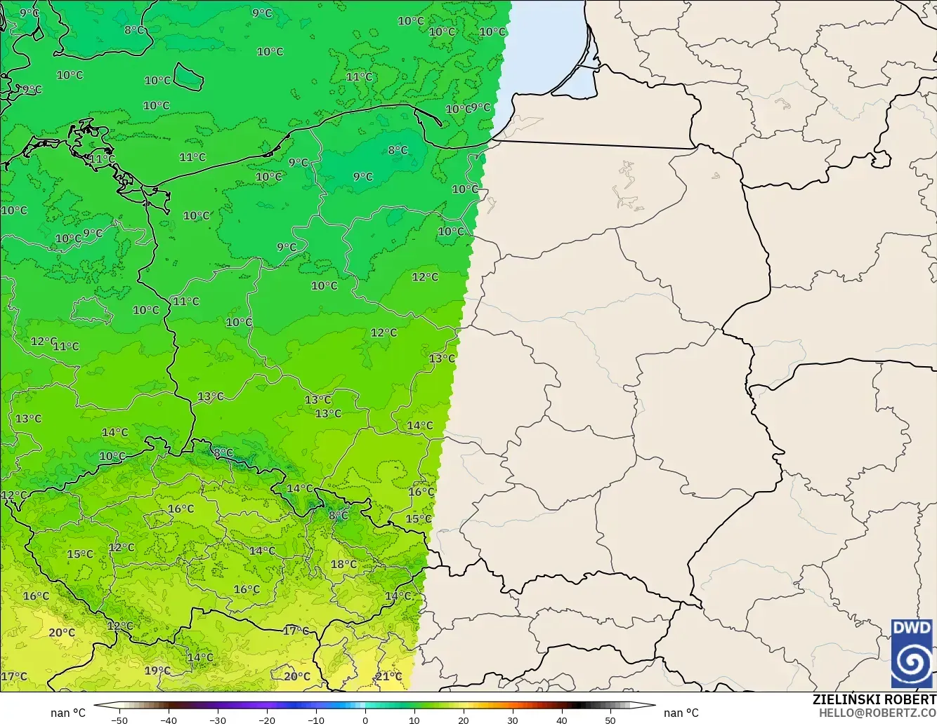 ICON Germany 2 km modelo - Poland, Temperature at 850hPa