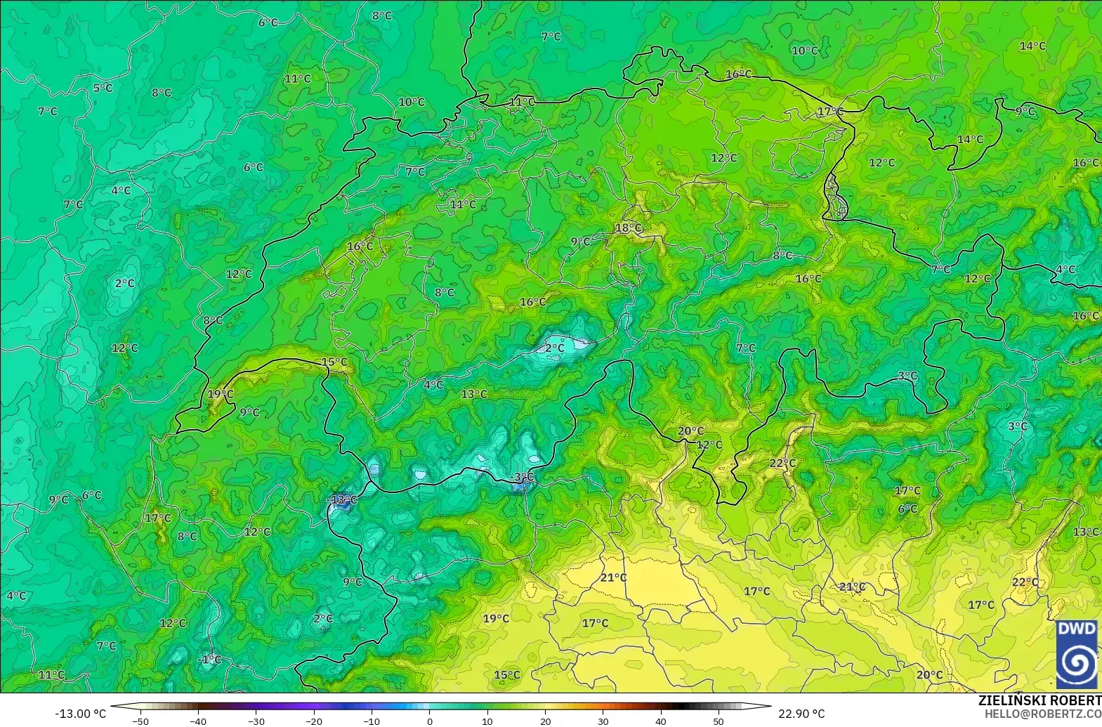 ICON Germany 2 km modelo - Switzerland, Dewpoint at 2m