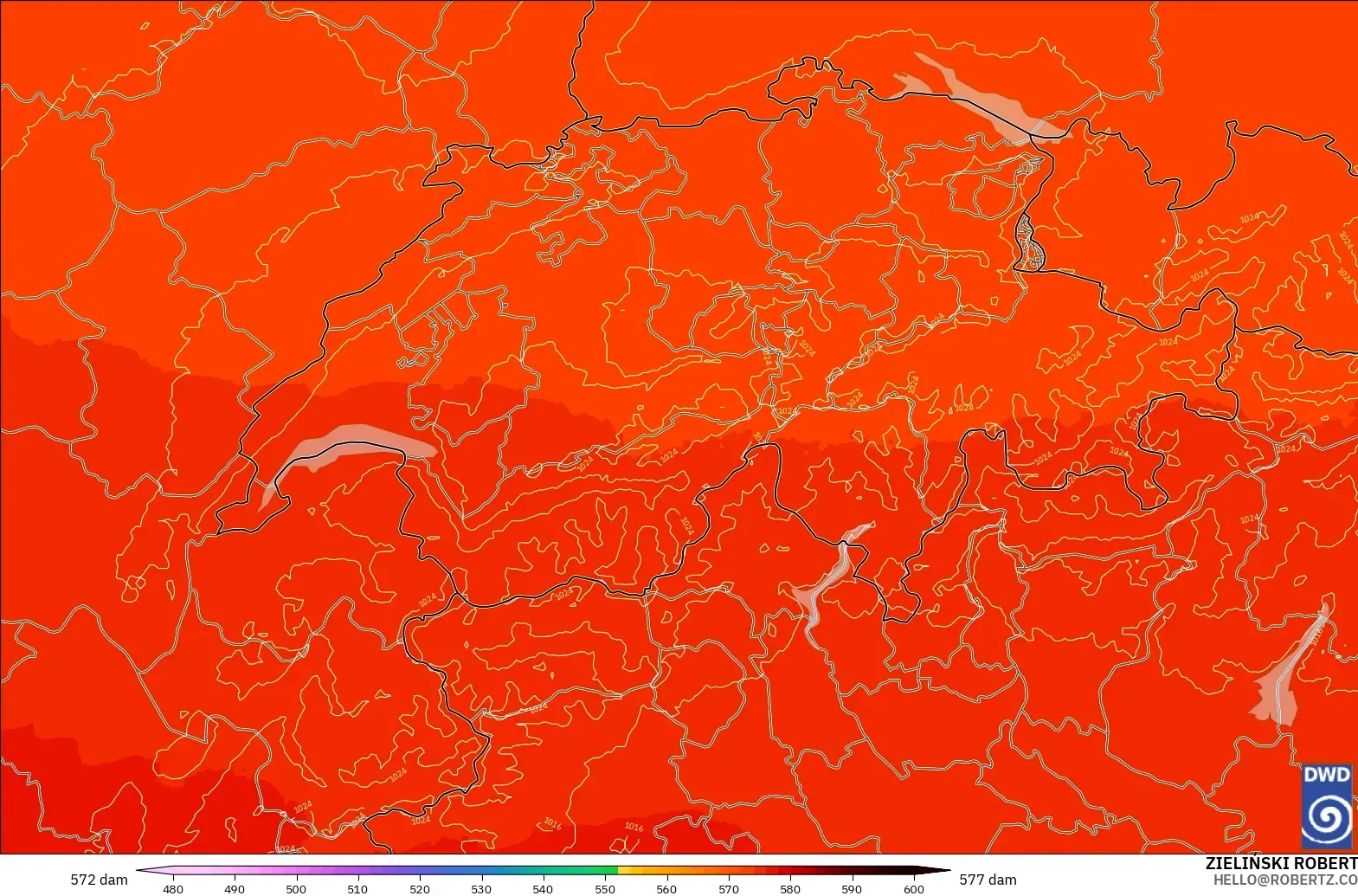 ICON Germany 2 km modelo - Switzerland, Geopotential height at 500hPa