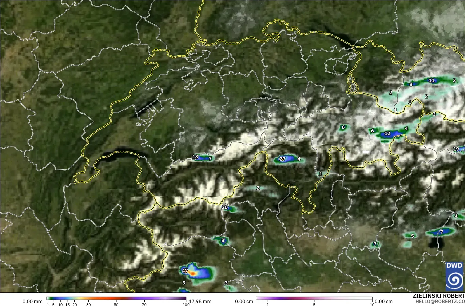 ICON Germany 2 km modelo - Switzerland, Precipitation, Clouds, and Pressure