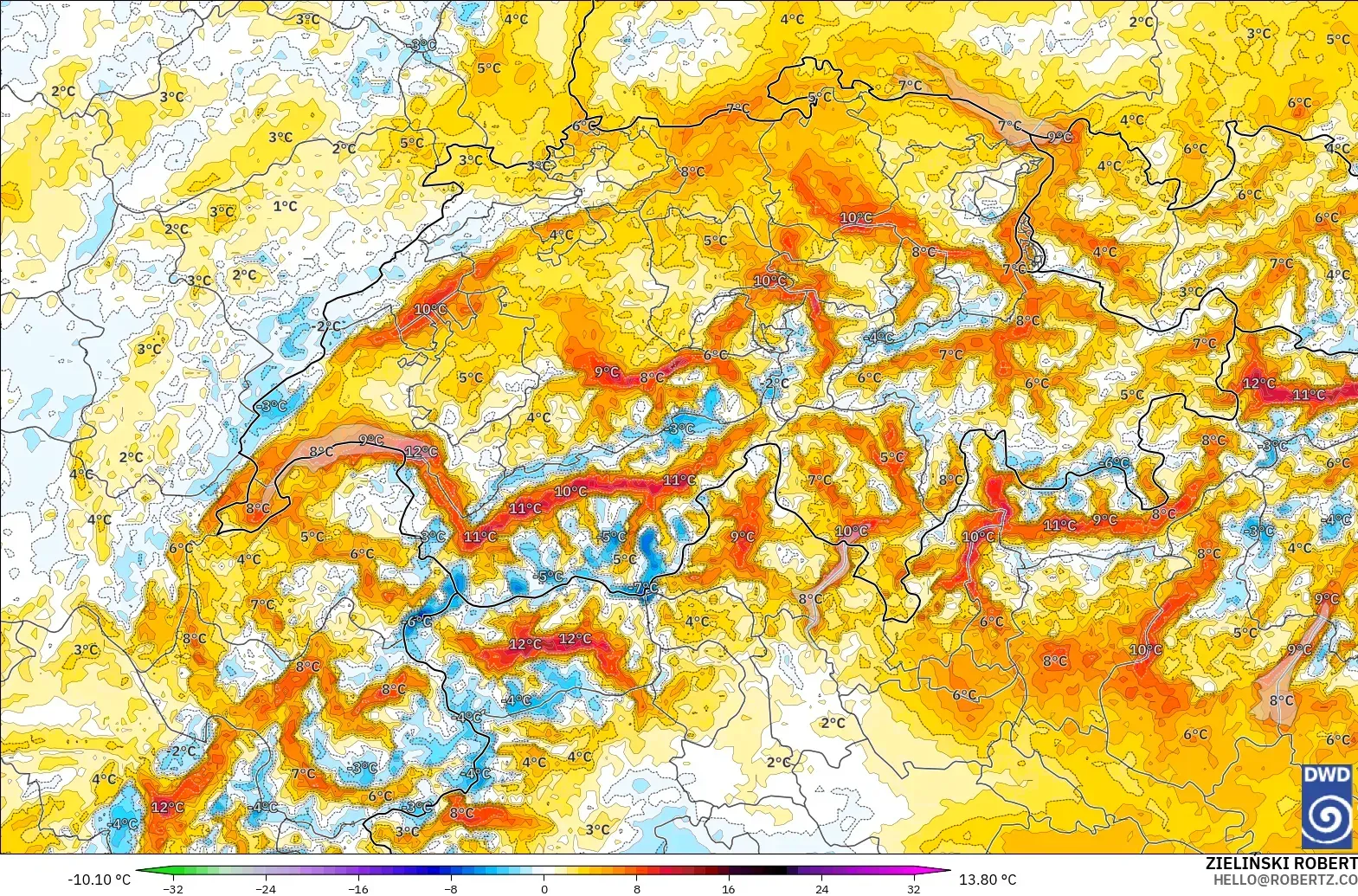 ICON Germany 2 km modelo - Switzerland, Temperature at 2m Anomaly