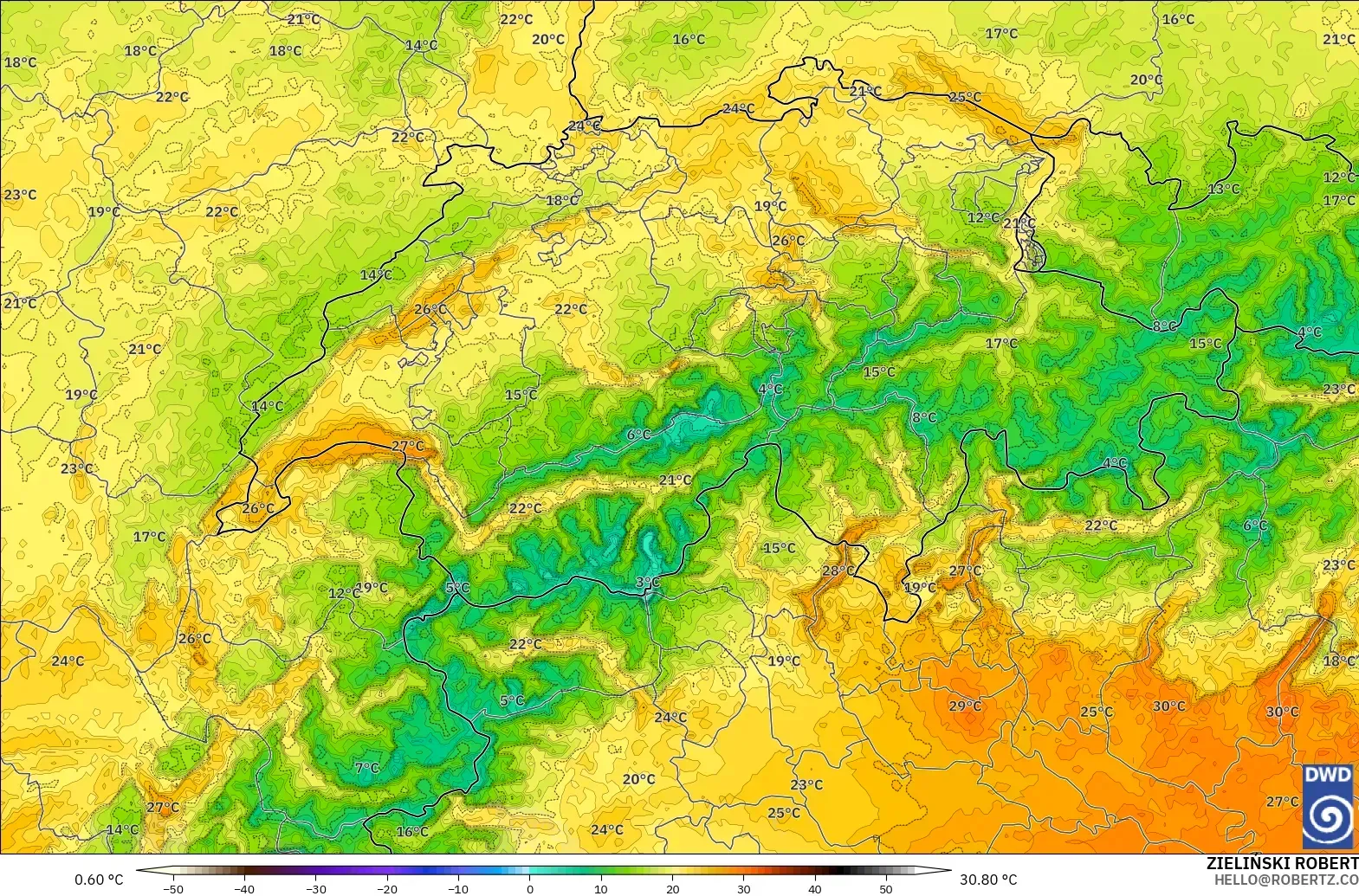 ICON Germany 2 km modelo - Switzerland, Temperature at 2m