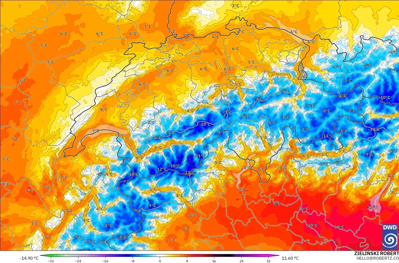 ICON Germany 2 km modelo - Switzerland, Temperature at 850hPa Anomaly