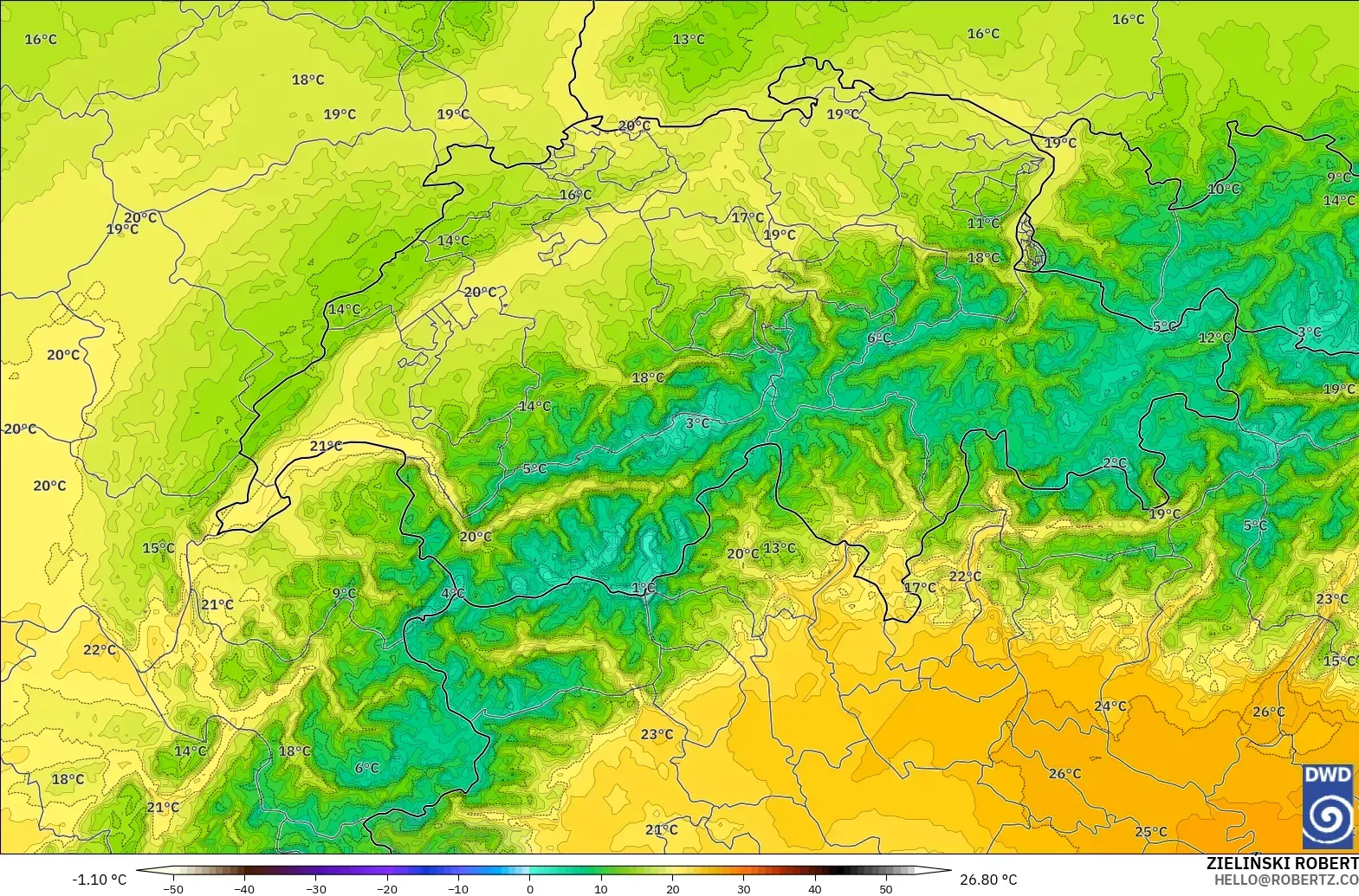 ICON Germany 2 km modelo - Switzerland, Temperature at 850hPa
