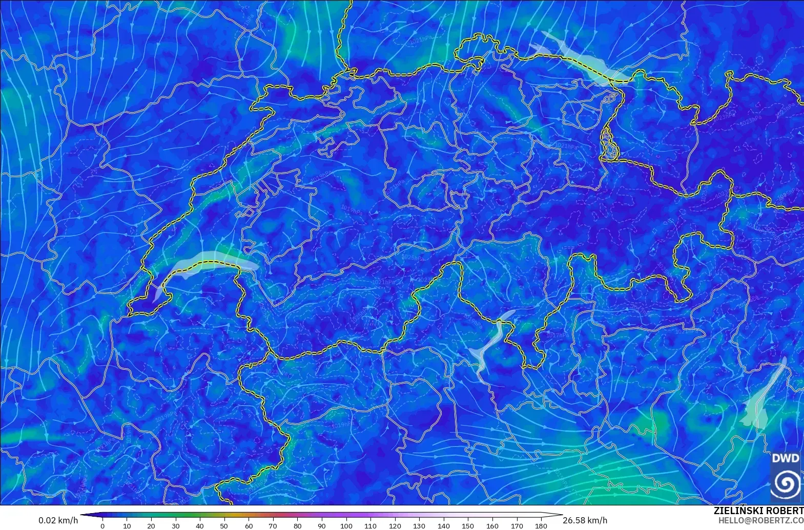ICON Germany 2 km modelo - Switzerland, Wind at 10m