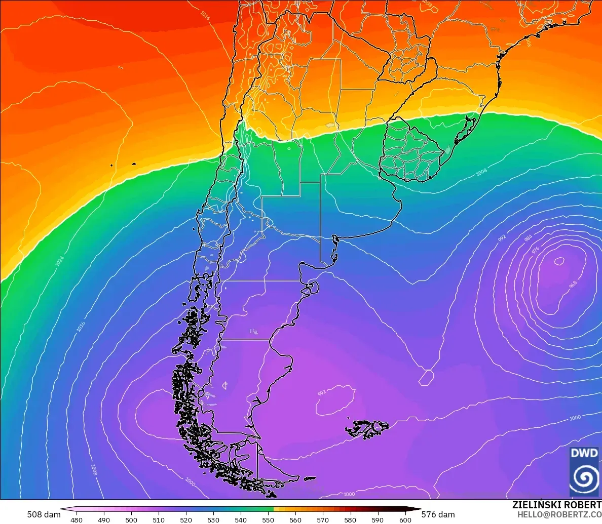 ICON modelo - Argentina, Geopotential height at 500hPa