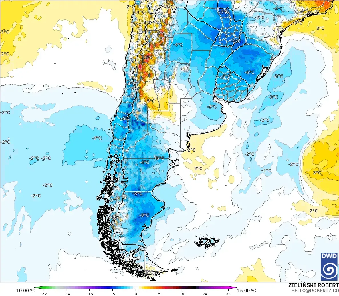 ICON modelo - Argentina, Temperature at 2m Anomaly