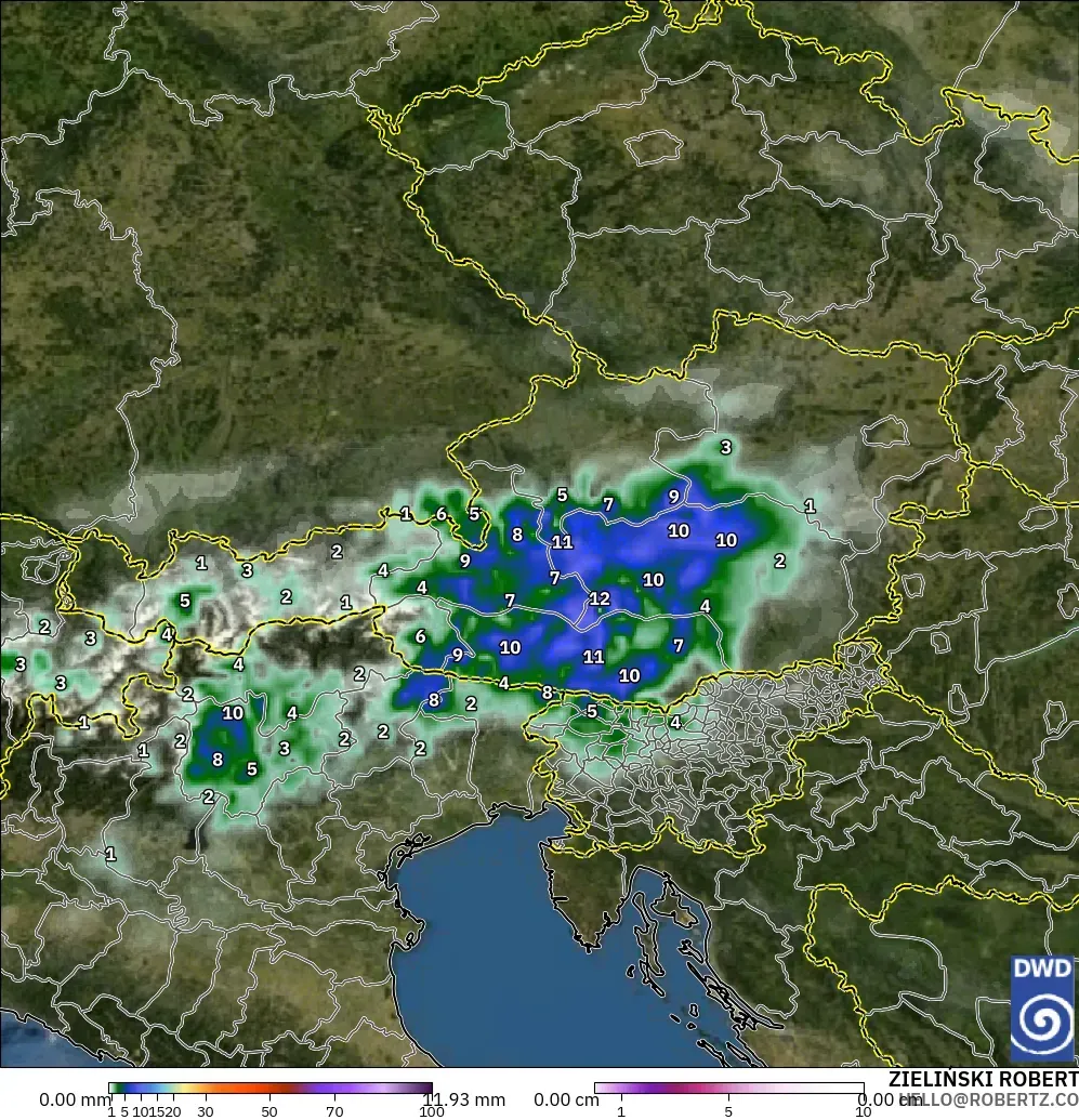 ICON modelo - Austria, Precipitation, Clouds, and Pressure