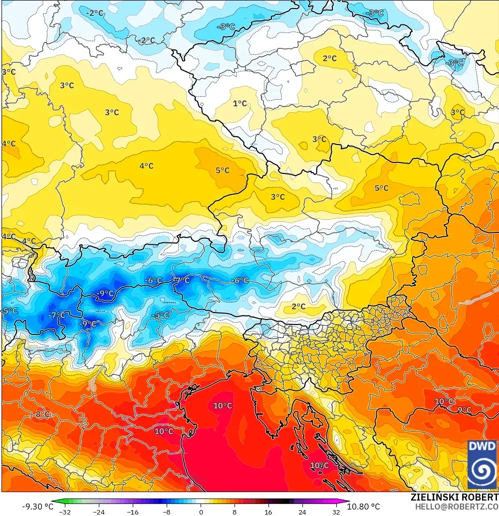 ICON modelo - Austria, Temperature at 850hPa Anomaly