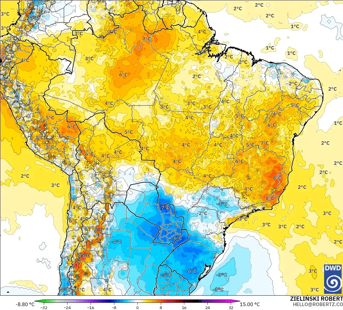 ICON modelo - Brazil, Temperature at 2m Anomaly