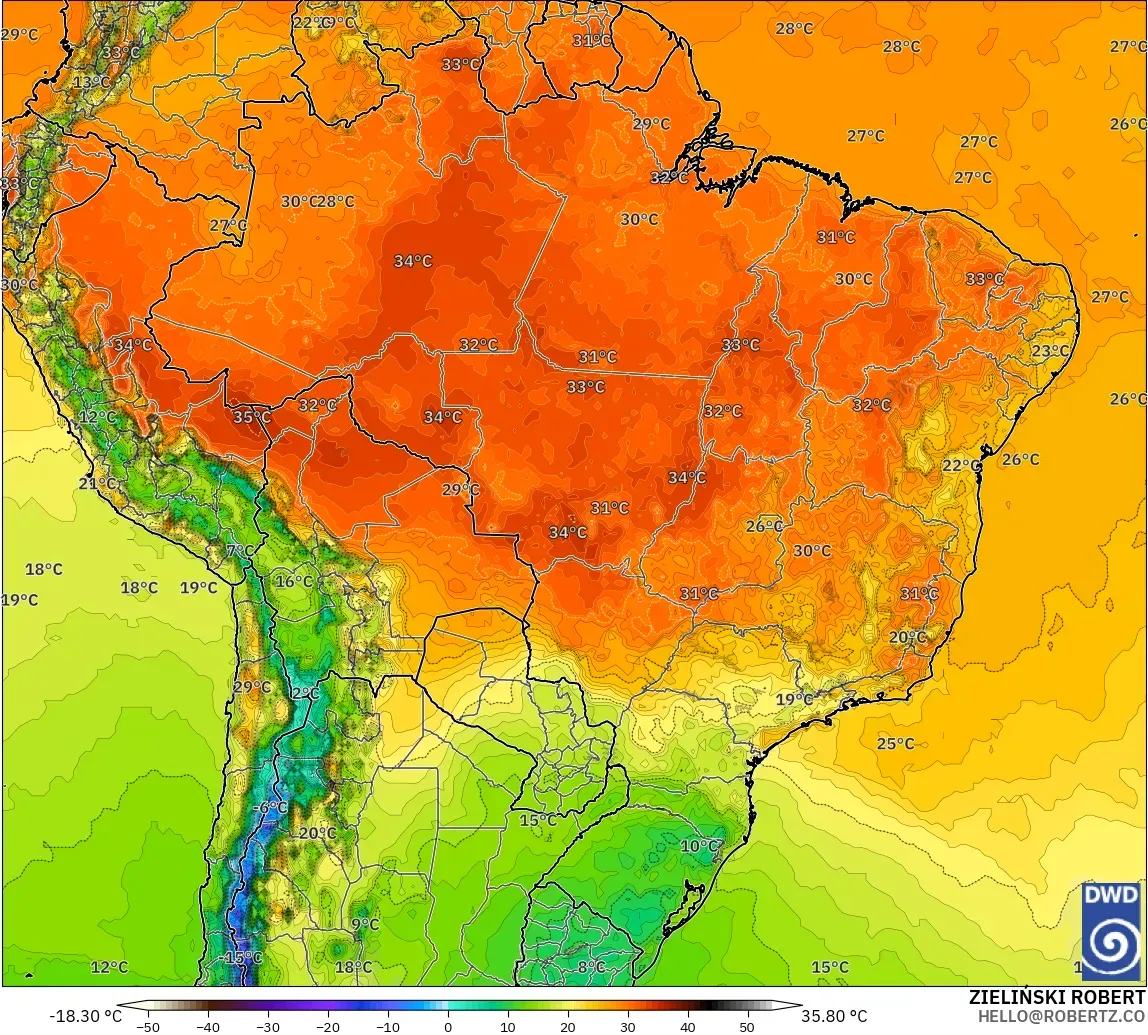 ICON modelo - Brazil, Temperature at 2m