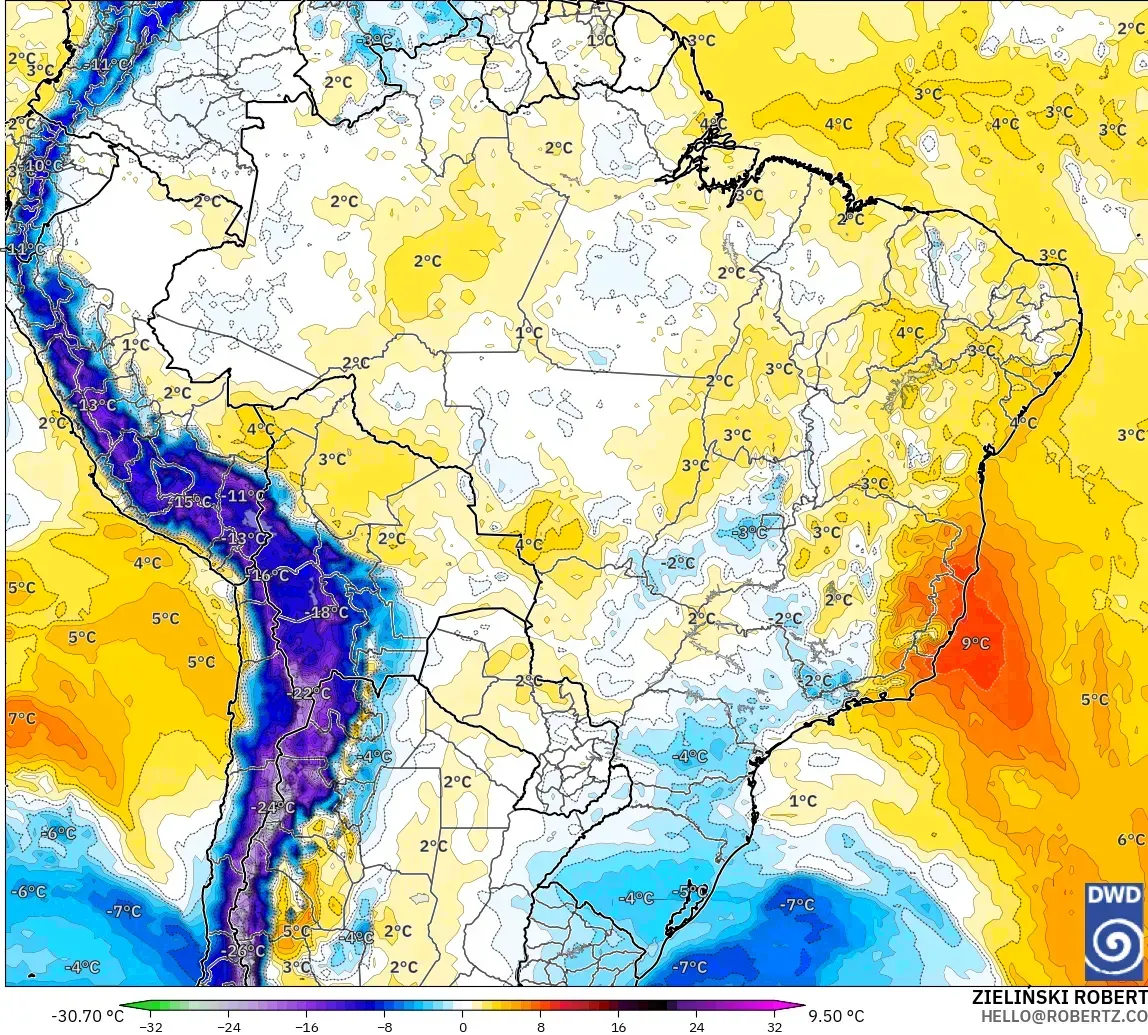 ICON modelo - Brazil, Temperature at 850hPa Anomaly