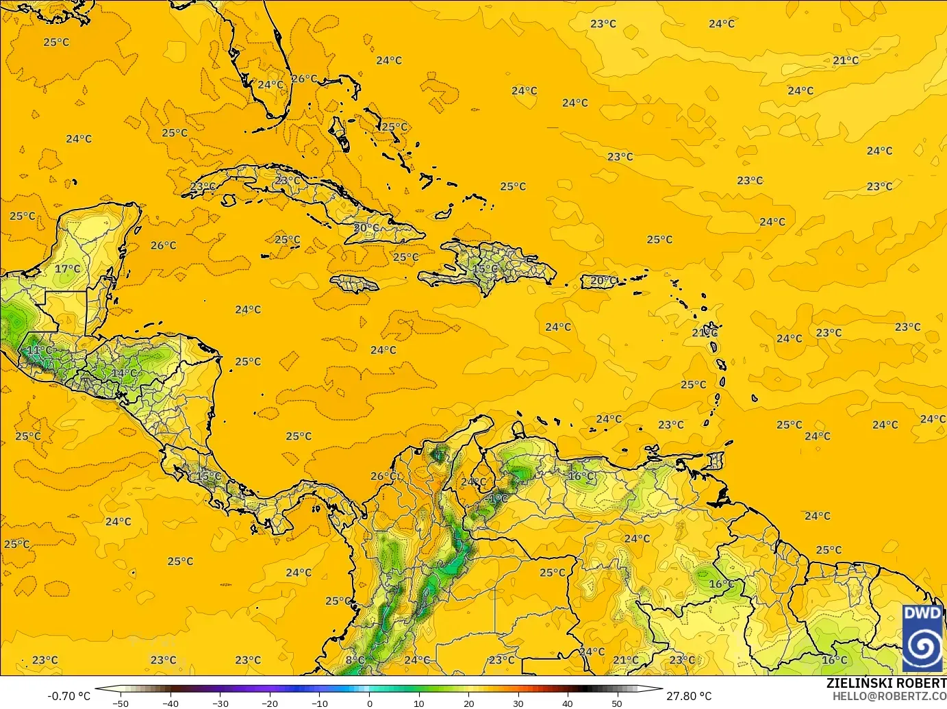 ICON modelo - Caribbean, Dewpoint at 2m