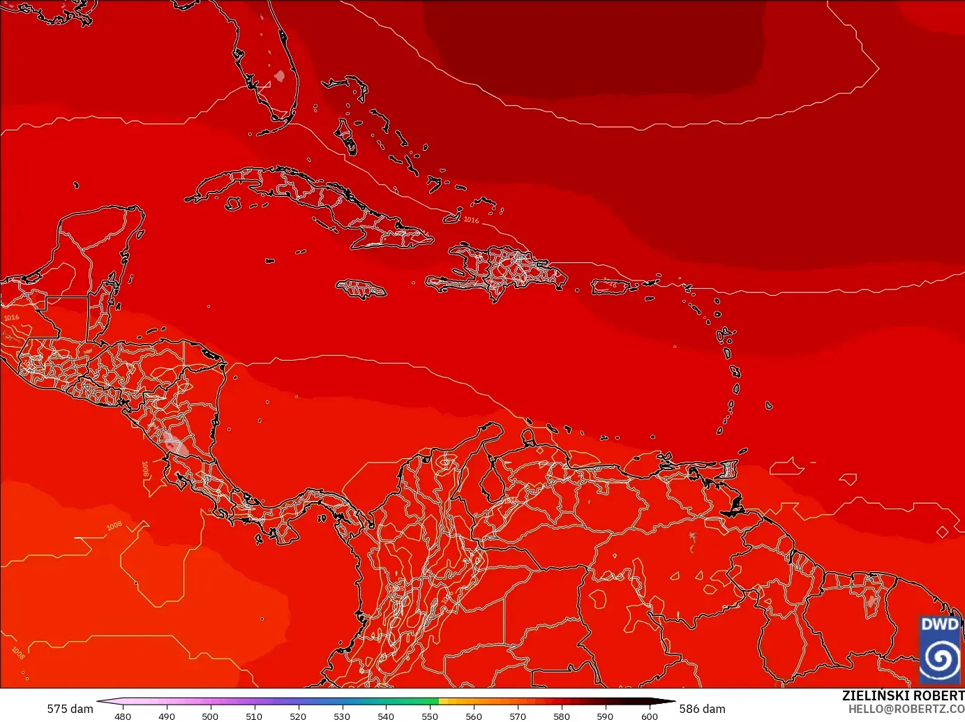 ICON modelo - Caribbean, Geopotential height at 500hPa