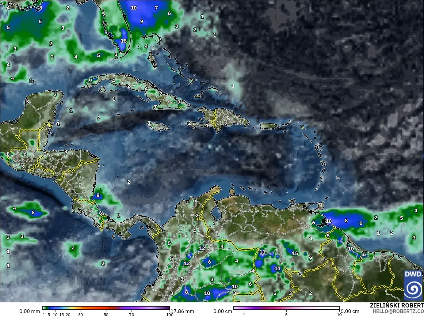 ICON modelo - Caribbean, Precipitation, Clouds, and Pressure