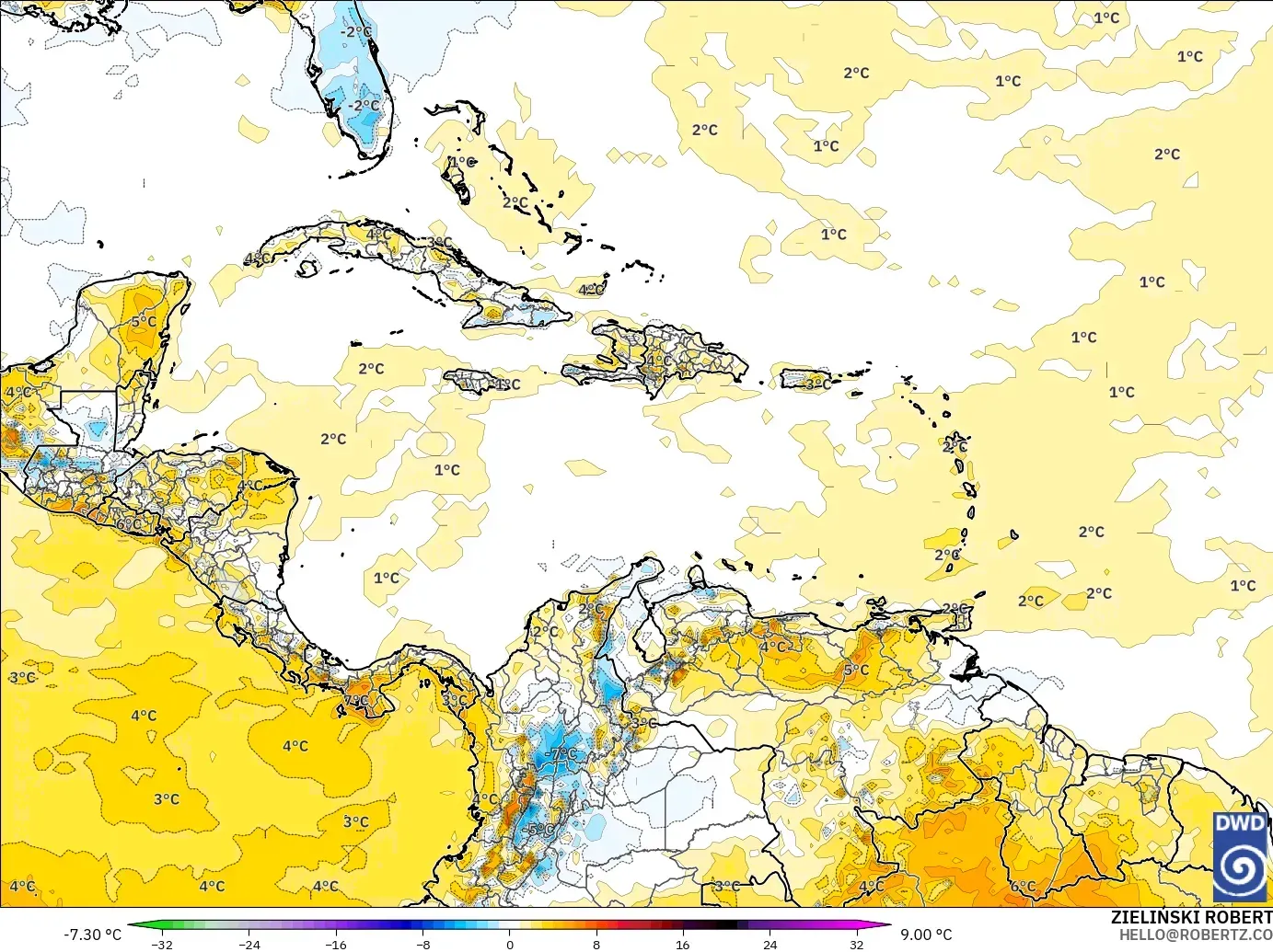 ICON modelo - Caribbean, Temperature at 2m Anomaly