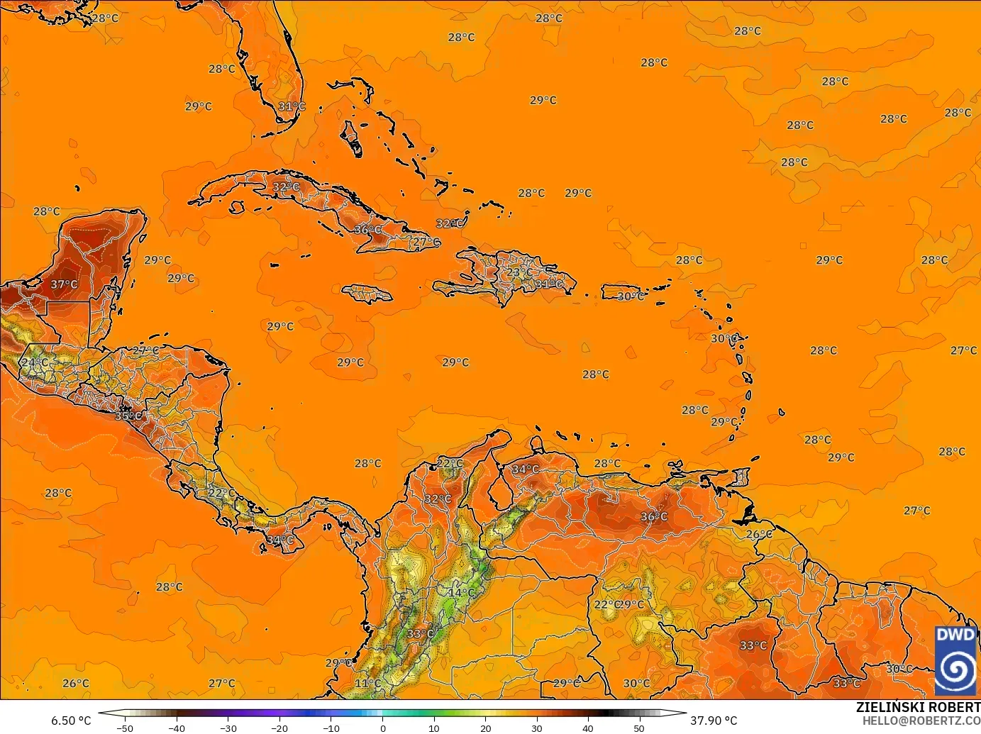 ICON modelo - Caribbean, Temperature at 2m