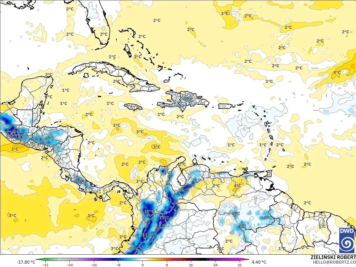 ICON modelo - Caribbean, Temperature at 850hPa Anomaly