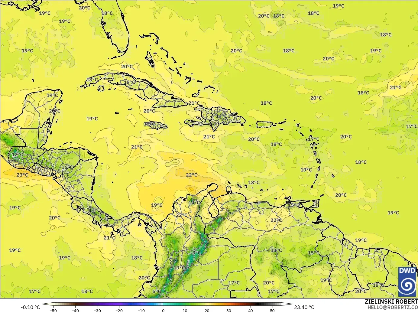 ICON modelo - Caribbean, Temperature at 850hPa