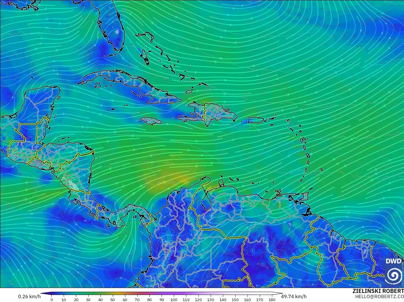 ICON modelo - Caribbean, Wind at 10m