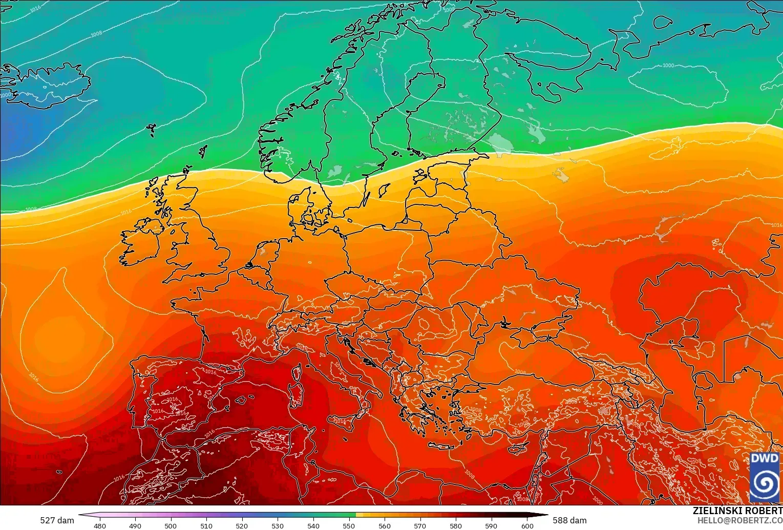 ICON modelo - Europe, Geopotential height at 500hPa