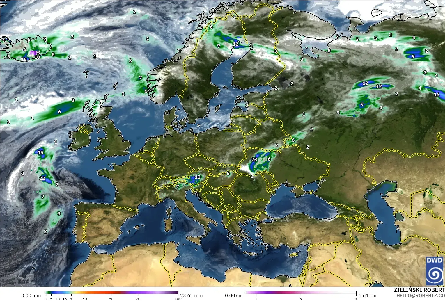 ICON modelo - Europe, Precipitation, Clouds, and Pressure
