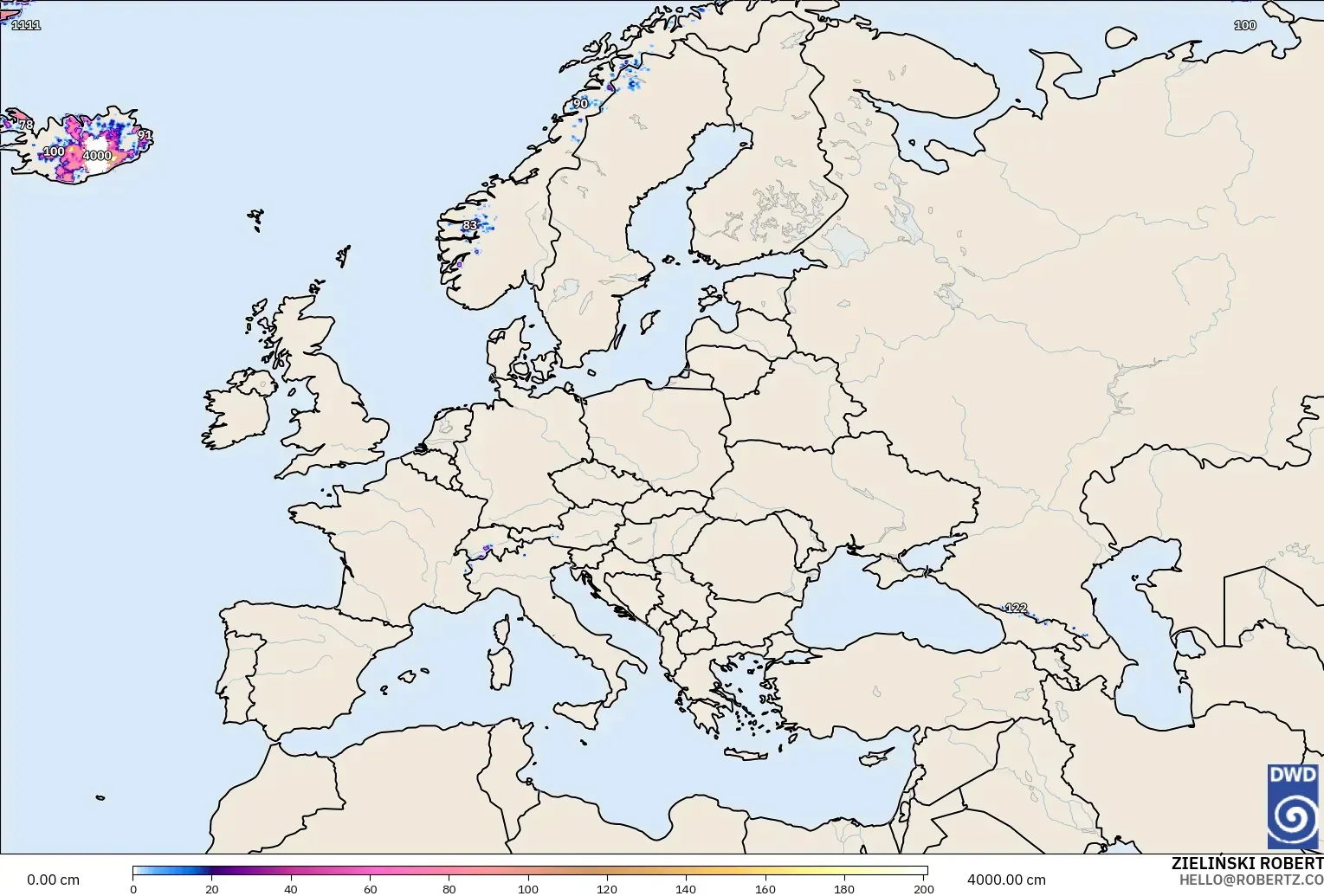ICON modelo - Europe, Snow Depth