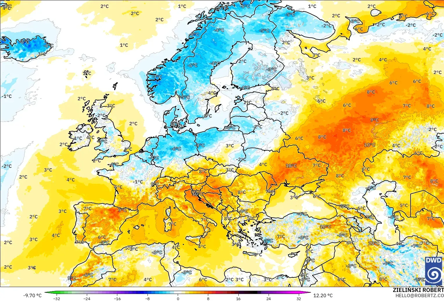 ICON modelo - Europe, Temperature at 2m Anomaly