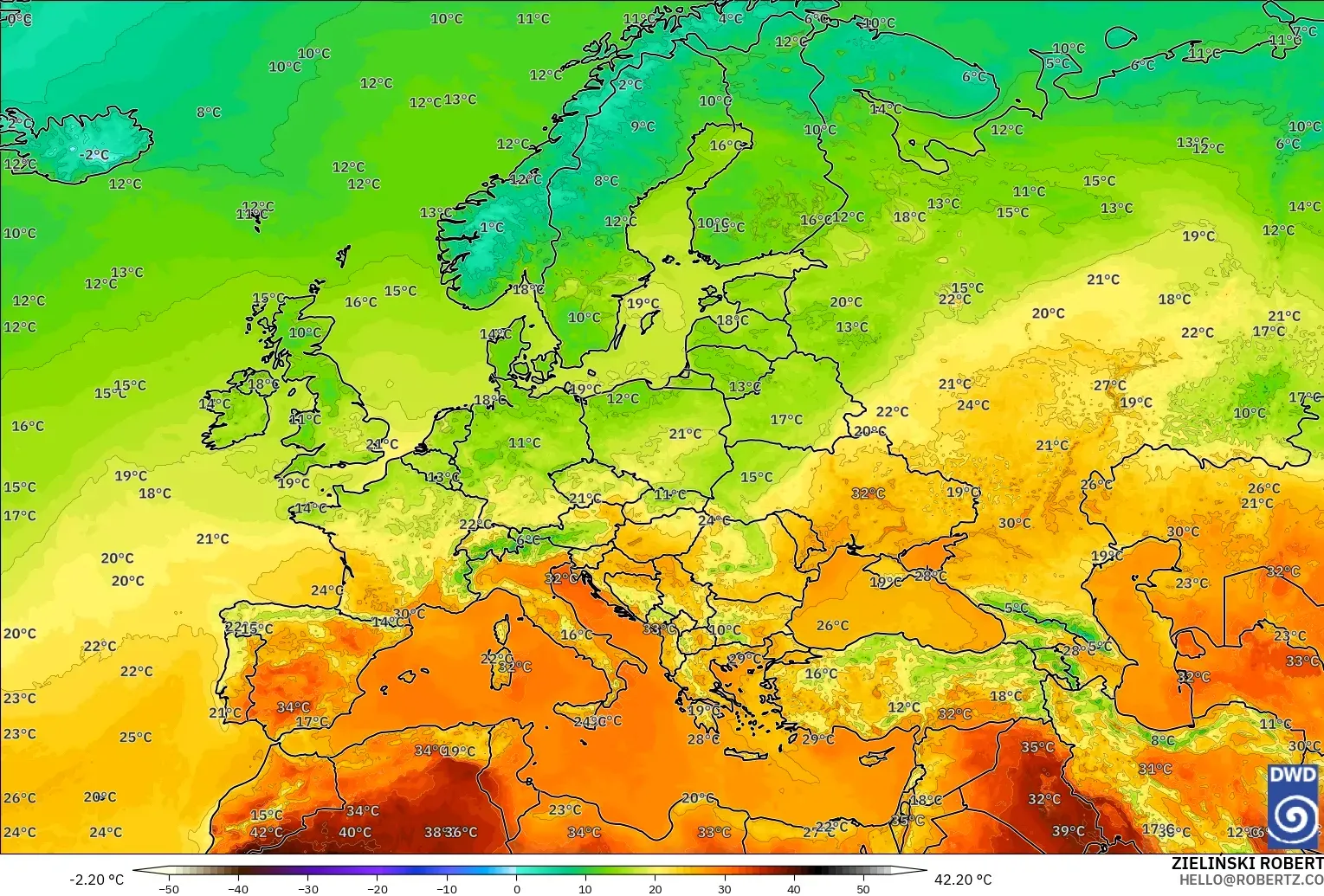 ICON modelo - Europe, Temperature at 2m
